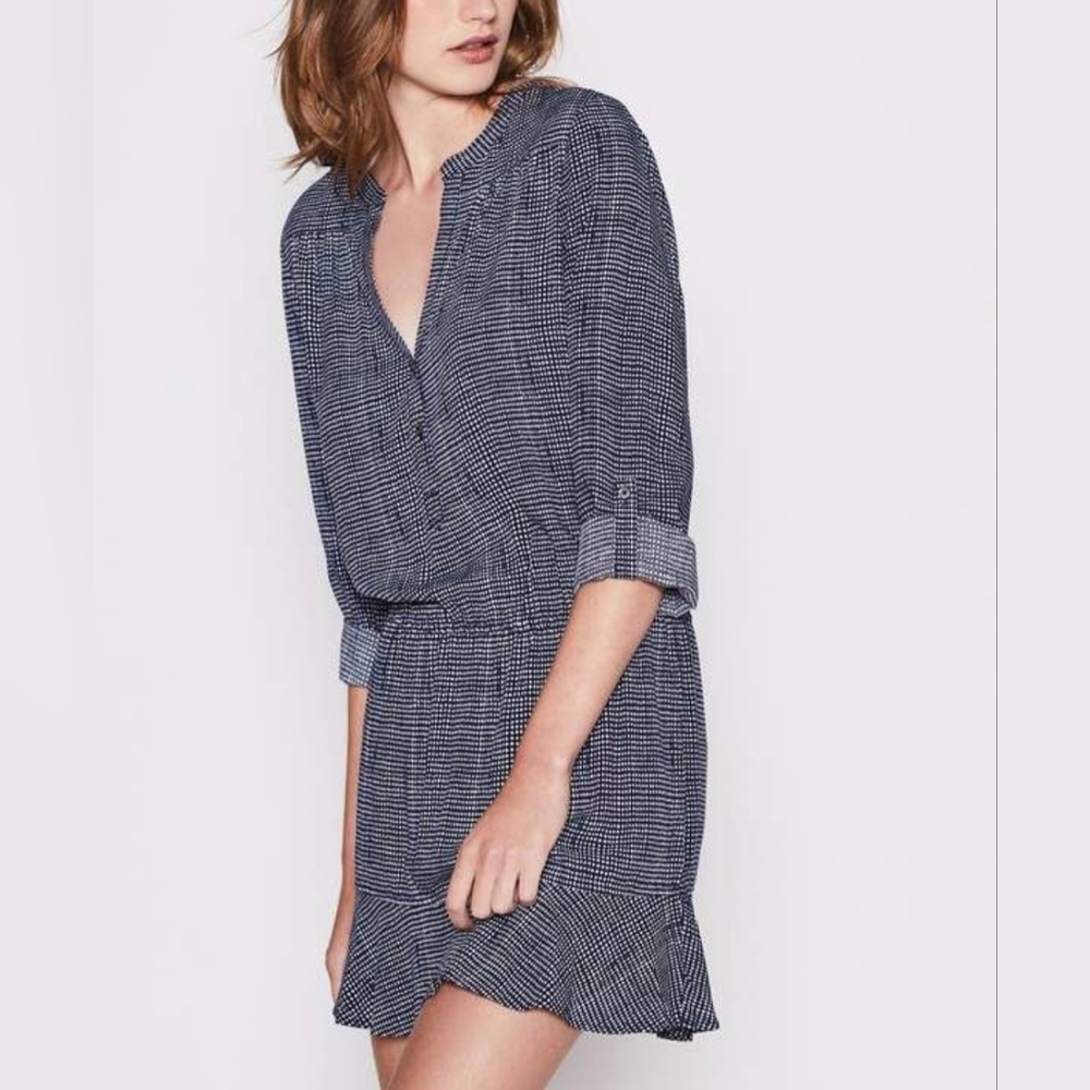 Joie Dress Acey Navy Blue Dot Print Long Roll Tab Sleeve Ruffle Hem Mini Size XS